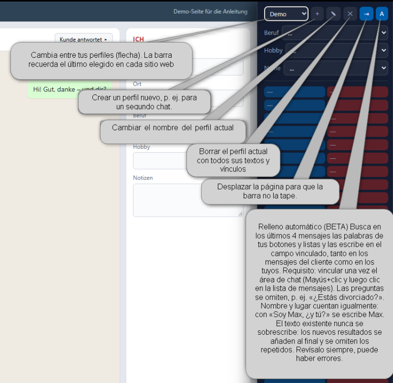 Parte superior de la barra con selector de perfil y botones