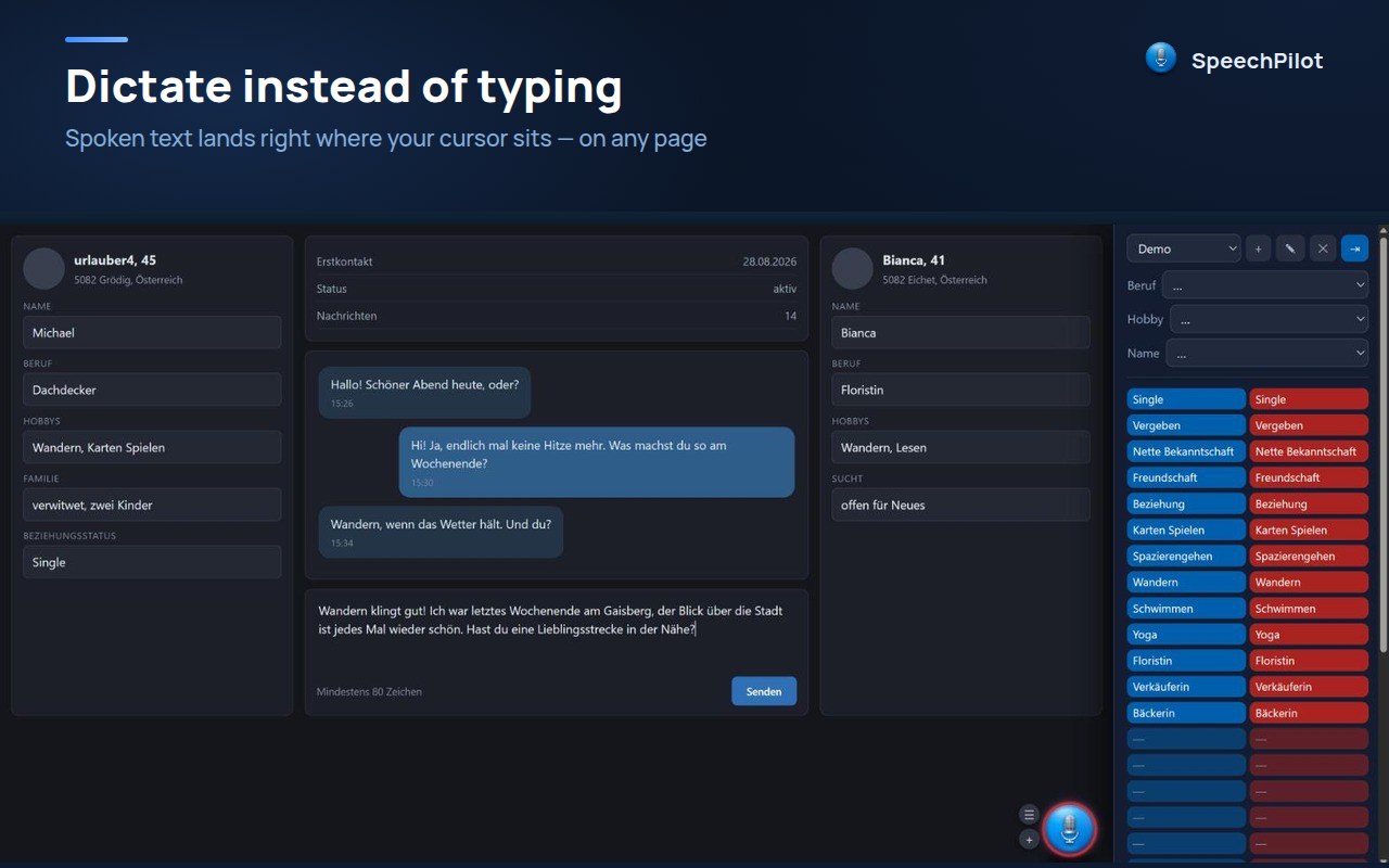 Chat interface with SpeechPilot: the dictated text sits in the input field, sidebar on the right