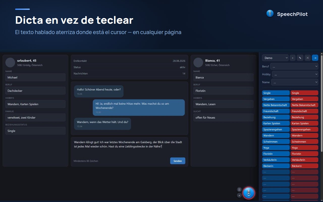 Interfaz de chat con SpeechPilot: el texto dictado está en el campo de entrada, la barra a la derecha