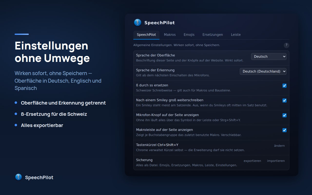 Einstellungen: Sprache, Schalter und Sicherung