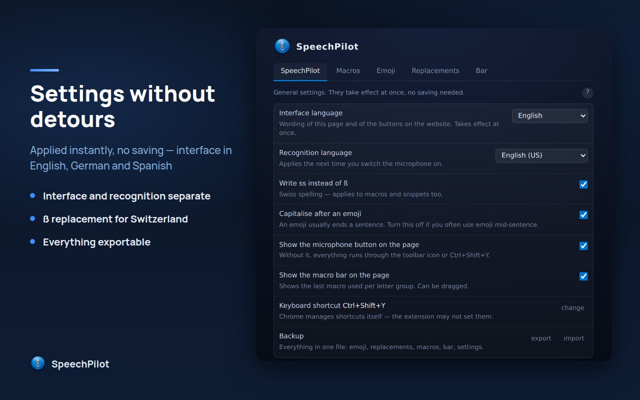 Settings: language, switches and backup