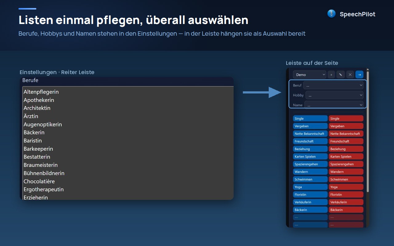 Einstellungen, Reiter Leiste: Listen für Berufe, Hobbys und Namen