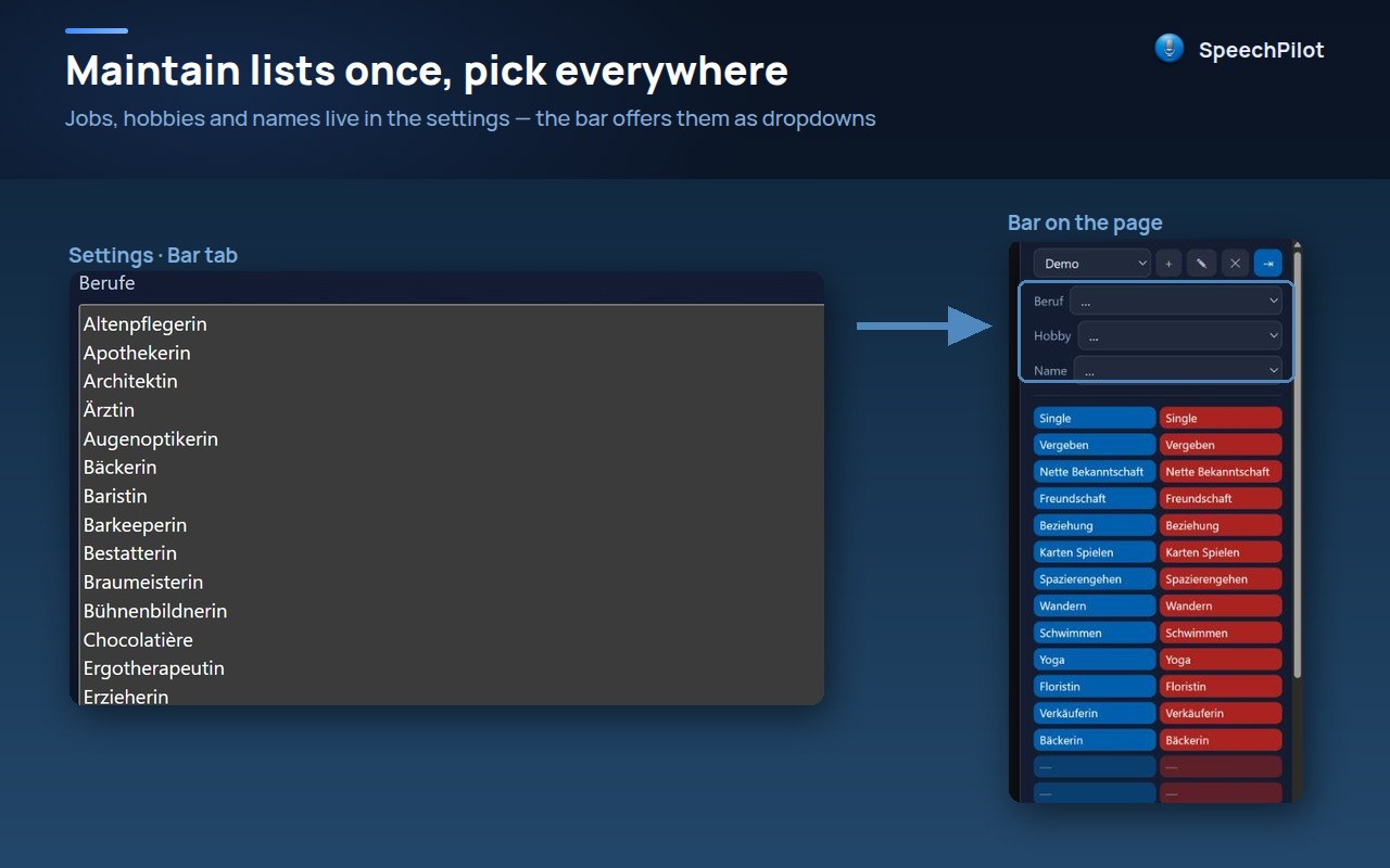 Settings, sidebar tab: lists for occupations, hobbies and names