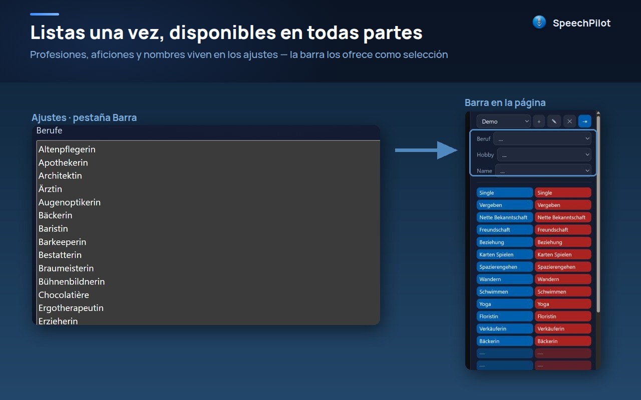 Ajustes, pestaña de la barra: listas de profesiones, aficiones y nombres