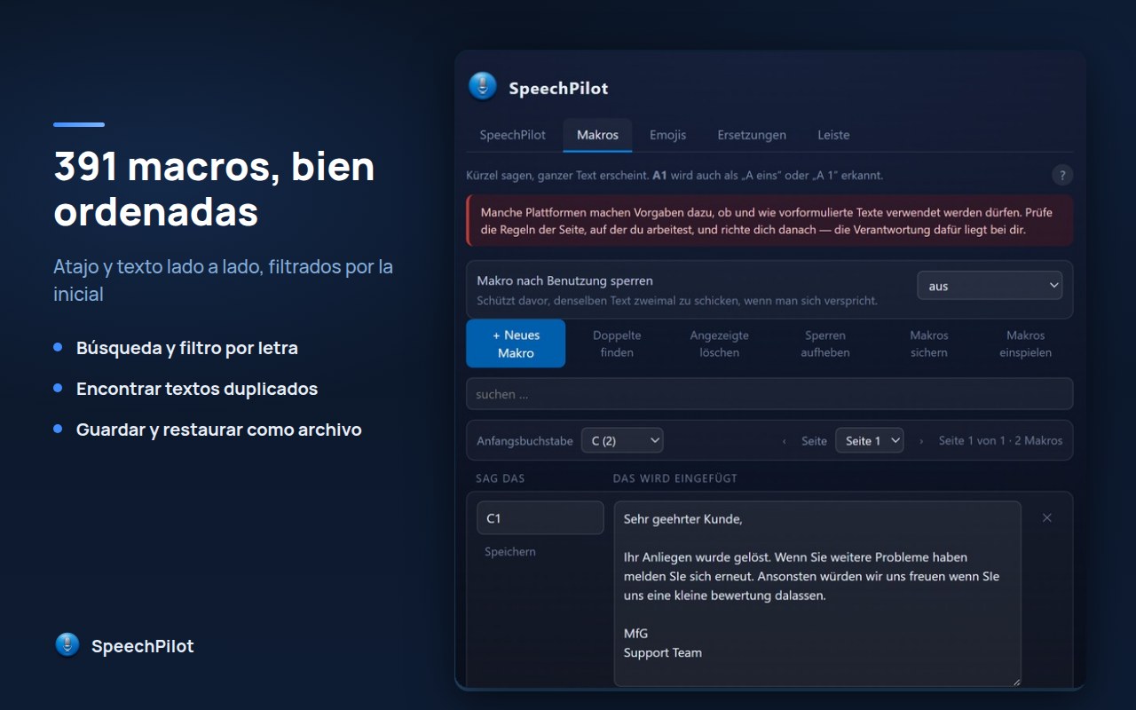 Ajustes, pestaña de macros: claves a la izquierda, texto insertado a la derecha
